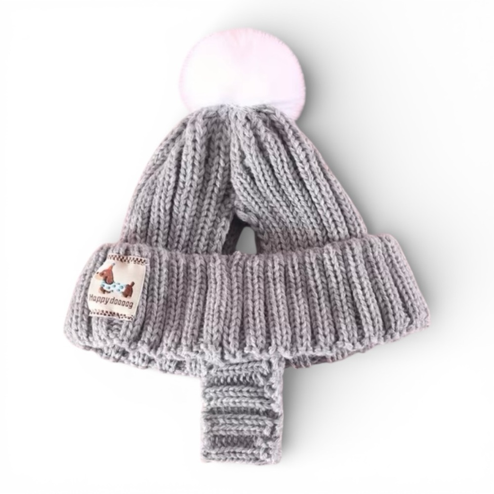 HAPPY DOOOOOG Soft Knit Dog Hat w/Pom Trim, Ear Holes + Chin Strap in Grey - NWT - Picture 2 of 13